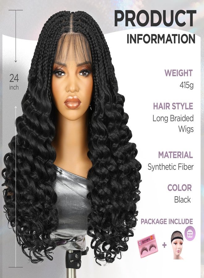 WIGER Knotless Full Double Lace Boho Braided Wigs for Black Women Nature Black Lace Front Braid Wig with Baby Hair Synthetic Pre Plucked Knotless Box Braids Wig with Curly Ends for Daily Party - Image 3